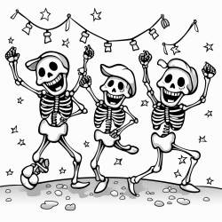 a group of smiling skeletons having a fun dance party under the stars