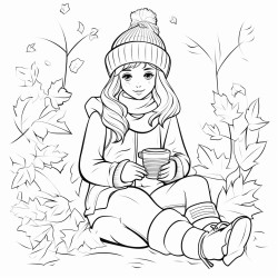 teenage girl sitting in the leaves warmly dressed in autumn clothes with a coffee in one hand and a book in the other