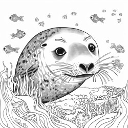 a harbour seal swimming with fish