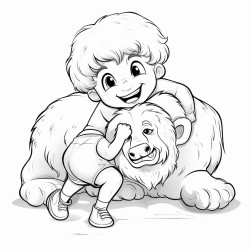 a boy wrestling a lion with a sheep in the background