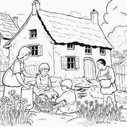 mother with 5 children weeding a garden in an old english countryside next to cobbled cottage with thatched roof