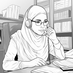 a muslim woman wearing hijab and glasses at the office desk answering the phone
