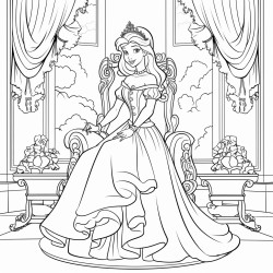 a princess sitting on a throne in a grand hall with chandeliers and tapestries