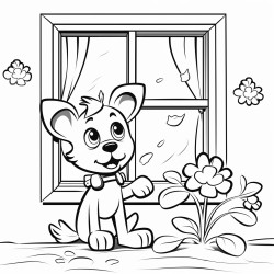 a funny scene where a pet has accidentally broken a window there should also be four leaf clovers in the drawing