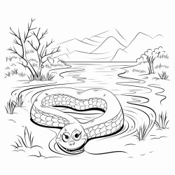 a snake in a lake with a rake on the side of the lake