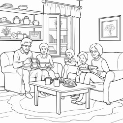 coloring page with grandparents drinking coffee and eating pastries in a cozy living room with their grandchildren