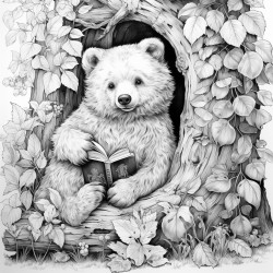 a bear reading books under an oak tree