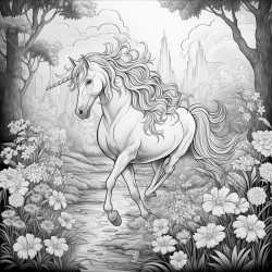 magical forest with flying unicorns coloring page