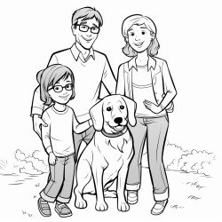 young girl with glasses and pigtail braids next to her mom dad and a beagle