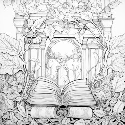 intricate background with leaves books framed paintings victorian era style with the word semantic written in graceful cursive in the middle with a slight arch to the letters abstract leafy shapes in the background