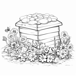 a vegetable garden with bees a compost pile with food waste outside the garden and flowers
