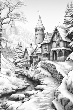 winter village scene with sun