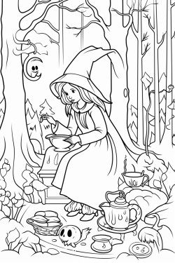 a whimsical witch brewing a potion in a forest