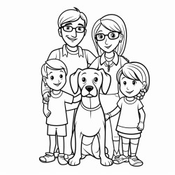 a mom dad and beagle with a five year old girl wearing pigtail braids and glasses
