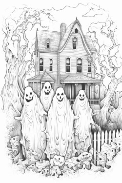 friendly ghosts behind them is an old house