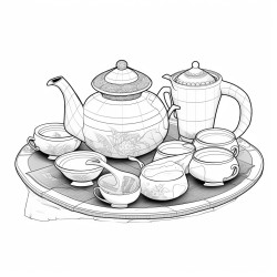 an asian influence tea service using light greys and bold lines with very minimal shading and black fill