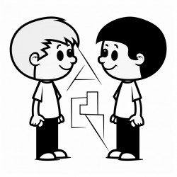 simplest coloring page of two children talking to each other use simple geometric shapes