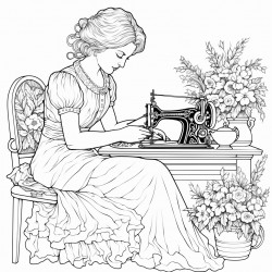 50 year old woman sitting at sewing machine surrounded by flowers