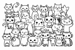 collection of playful cartoon cats in various dynamic poses each positioned separately and randomly across the canvas include additional elements such as paw prints fish bones and bows scattered around the cats colouring book line drawing white