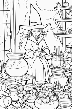 witch in a room full of potions and crows