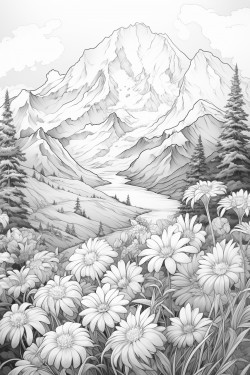 flowers in a meadow behind a beautiful mountain