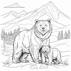 a beautiful grizzly bear and cub with a mountain range in the backround