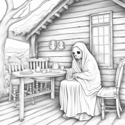 a ghost enjoying tea at a cabin