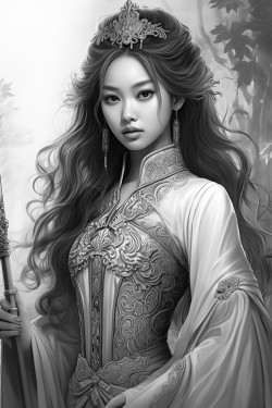 beautiful likeable asian princess hero with a dagger on her belt a princess crown and sceptre in long flowing robes