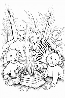 a group of jungle animals including a tiger parrot and monkey dancing around a birthday bonfire