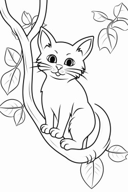 black cat climbing a tall leafy tree