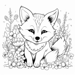 a cute little fox lying in a meadow full of wildflowers