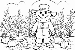 a scarecrow in a field the field on the bottom has some corn leaves and pumpkins
