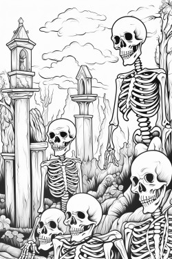 skeletons stand in the middle of an ancient cemetery