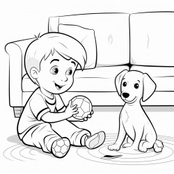 a toddler playing with a ball and his dalmatian dog in the living room