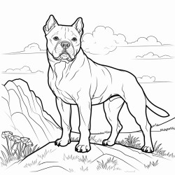 a pitbull standing majestically on a flat rock over looking a field of lavender