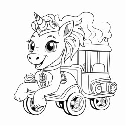 fire fighter unicorn riding in a a fire truck