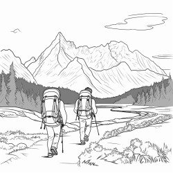 people carrying large backpacks and guns walking in alaska towards a mountain in the background