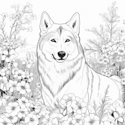a husky dog in front of flowers and treea