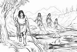 native americans crossing a river on foot using a grapevine as a rope to keep them connected