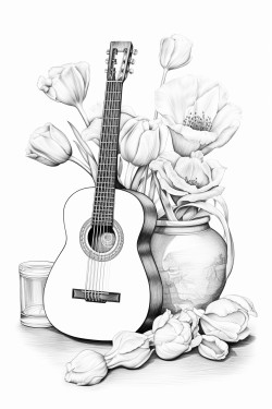 realistic artistic still life with volume that contains a guitar and a vase with tulipans