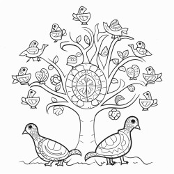 tribal turtles and chickens around a tree