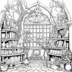the inside of an occult store with books candles crystals and potions on the shelves a large window with potted plants in the windowsill a stone floor and wisteria hanging from the cieling