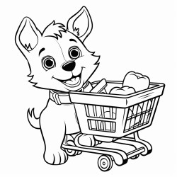 cute dog pushing a shopping cart at the supermarket