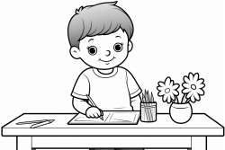 a little boy coloring on a table with many colors