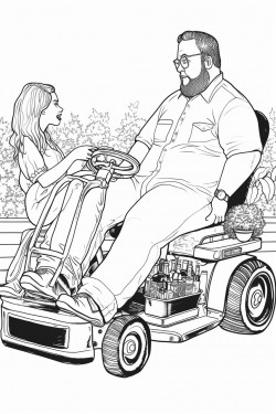 overweight man on riding lawnmower with a beer bottle in hand cigarette in mouth bikini girl giving him backrub
