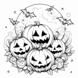 a group of smiling pumpkins with bats flying around a full moon