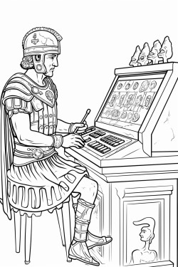 a roman soldier playing an arcade machine