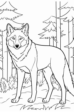 red wolf standing alert in a wooded area showcasing its reddishbrown fur and piercing eyes surrounded by pine trees