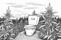 a line toilet sitting on a field of marijuana plants