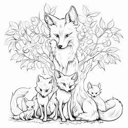 fox and its babies under some trees